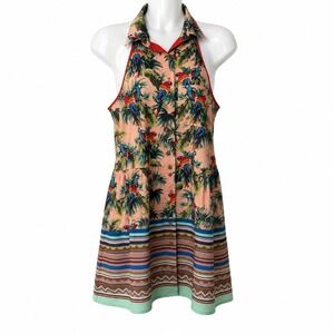 Dream Daily Parrot Print Halter Dress Tropical Macaw Striped Mini Peach Small